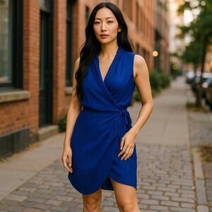 Dee Ocleppo Wrap Crinkle Asymmetrical Sheer Short Dress Blue Medium 8